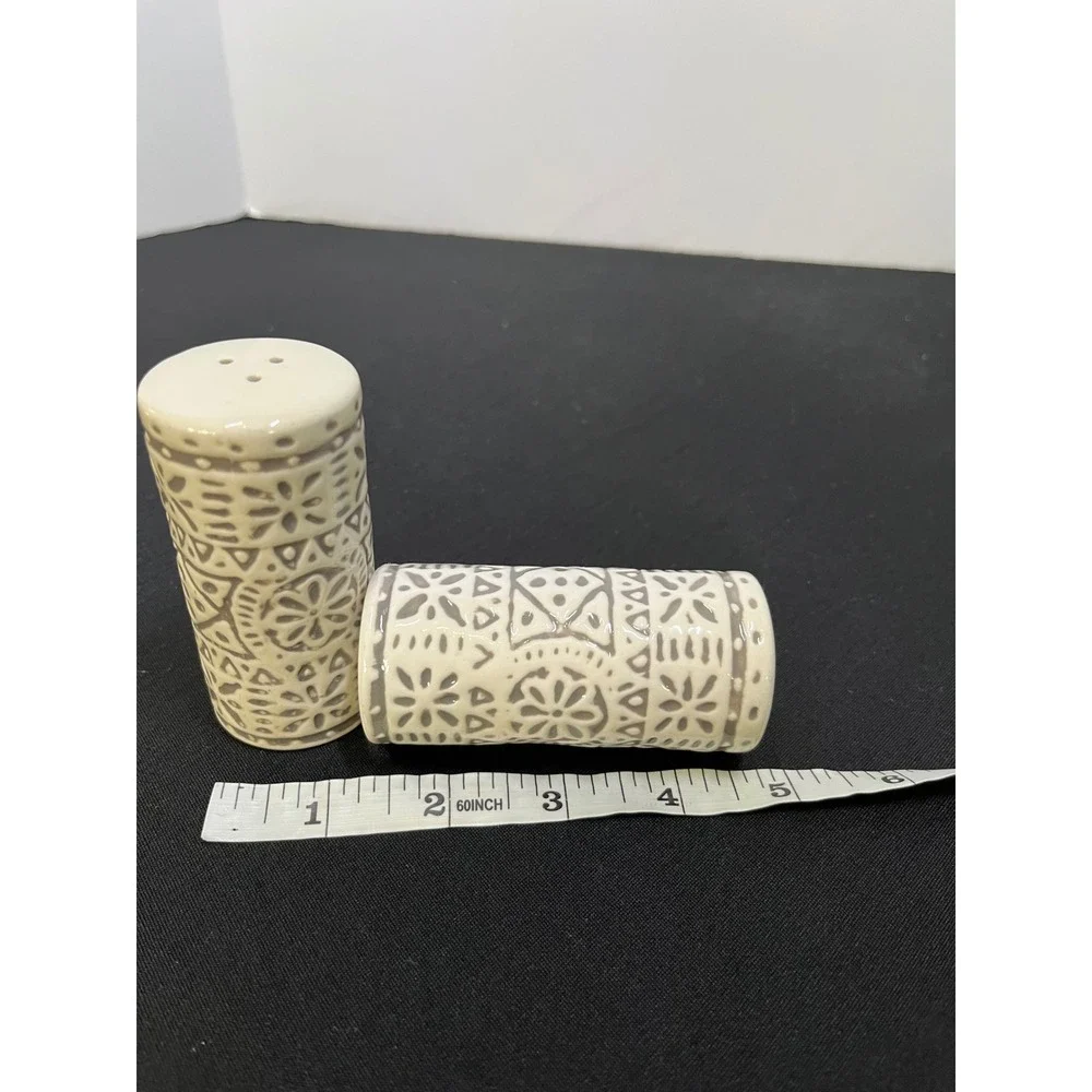 Boho Cream Ceramic Salt and Pepper Shakers Set Embossed Geometric Pattern